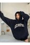 Large Size Navy Blue Refrfsh Print Detailed Hooded Pocket Sweatshirt-Hoodie