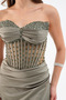 Women's Khaki Slim Fit Strapless Beaded Long Satin Evening Dress - 4