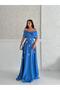 Blue Off Shoulder Strapless Jewel Satin Evening Dress - 4