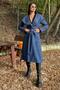 Indigo Double Breasted Collar, Hooded, Double Pockets, Waist Belt, Long Cashmere Coat (Unlined) - 8