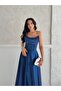 Navy Stone-Embellished Strapless Satin Evening Dress - 3