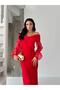 Red Chiffon Sleeve Detail Off Shoulder Mermaid Evening Dress - 4