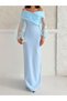 Baby Blue Chiffon Sleeve Detail Off Shoulder Fish Evening Dress - 5