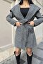 Black Houndstooth Print, Double Breasted Neckline, Hooded, Belted Long Stamp Coat (No Lining) - 6