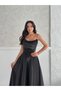 Black Stone Embroidered Strapless Satin Evening Dress - 4