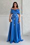 Blue Off Shoulder Strapless Jewel Satin Evening Dress