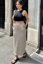 Women's Beige Elastic Waist, Comfortable Fit, Long Skirt with Pockets