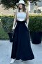 Women's Black Elastic Waist, Straw Embroidered Pockets, Comfortable Cut, Long Skirt