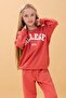 Girl's Crew Neck Embossed Lettering Detailed 2-Piece Tracksuit Set Without Sharps - Tile - 6