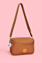 Women's Tan Cross Strap Three-Compartment Zippered Crinkle Daily Shoulder Bag
