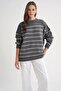 6944 Women's Loose Soft Textured Striped Knitwear Sweater Anthracite - 2