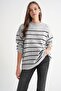 6944 Women's Loose Soft Textured Striped Knitwear Sweater Gray - 2