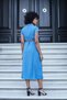 Women's Twill Modal Collar Off-Shoulder Double Sleeve Midi Length Knee-Length Dress (Leather Belt Included)-Indigo - 7