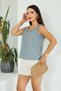 Lupinn Fashion Women's Turquoise White Plaid Pattern V-Neck Back Cross Strap Sleeveless Blouse, Women's Blouse - 7