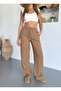 Women's Wide Leg Elastic Waist Brown Trousers - 2