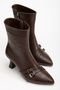 Women's Bitter Brown Buckle Pointed Toe Thin Heel Boots