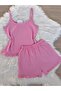 Pink Cotton Rope Strap Ruffle Detail Shorts Pajama Set
