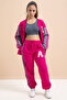 Fuchsia Written College Jacket Girl's Striped 3 Thread Hooded Tracksuit Set 21297 - 4