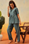 Floral Print Peplum Top & Pyjama Set in Stone Blue - Rayon - 5