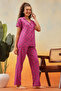 Owl Print Button Down Shirt & Pyjama Set in Magenta - 100% Cotton - 3