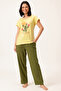 Graphic & Text Print T-shirt in Light Yellow & Pyjama in Olive Green Set - 100% Cotton - 2