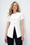 Women's Crew Neck Gold Button Detailed Slit Ottoban Blouse Ecru Alc-X14169 - 2
