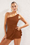 Brown One-Shoulder Covered Shorts Skirt Basic Swimsuit Tbess25Ma00061 - 2