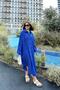 Women's Cobalt Blue Muslin Fabric, Bat Sleeve, Oval Skirt, Double Pocket, Long Oversize Loose Shirt Dress - 3
