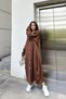 Women's Brown Hoodie, Long Sleeve, Button Detail, Oval Skirt, Double Pocket, Long Oversize Loose Dress - 3