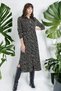 Women's Khaki Leopard Print Slit Long Sleeve Classic Collar Maxi Length, Long Comfortable and Casual Dress