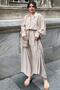 Women's Beige Textured Fabric, Belted Waist, Bubble Sleeve, A-Line, Vintage Maxi Dress - Suitable for Hijab - 4