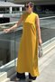 Women's Mustard Sleeveless, Round Neck, Deep Slit, A-Line Lycra Tunic Dress - 7