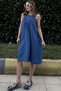 Women's Indigo Thick Strap, Pocket and Pleat Collar Detail, A-Line, Loose Midi Dress - 2