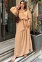 Women's Camel Textured Fabric, Belted Waist, Balloon Sleeve, A-Line, Vintage Maxi Dress - Modest Wear - 4