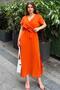 Orange Double Breasted Neckline, Slit, Waist Belt, Anti-Sweat, Cotton, Imported Muslin Fabric, Long Dress - 6