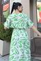 Women's Green Patterned, Half Sleeve, V-Neck, Elastic Waist, Long Loose Satin Dress - 6