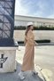 Women's Camel Double Breasted Collar, Slit, Belted Waist, Elastic Arm Ankles, Loose, Long Dress - 5
