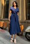 Navy Blue Double Breasted Slit Cotton Long Dress - 3