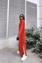 Women's Tile Polo Collar, Long Sleeve, Pocket, Slit, Loose, Maxi Length, Knitted Dress - 8