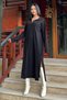 Black Polo Neck, Long Sleeve, Slit, Loose, Acrylic Knitted Long Dress - 6