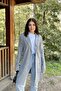 Women's Gray Long Sleeve, Textured Fabric, Laser Cut, Double Pocket Long Jacket Cardigan - Suitable for Hijab - 2