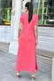 Women's Coral Short Sleeve, Crew Neck, Button Shoulder, Double Slit, Basic Long Dress - 3
