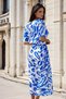 Blue and White Print, V-Neck, Sash Detail, Long Dress - 2