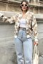 Women's Beige Patterned Gabardine Fabric, Comfortable Fit, Flap Pocket, Bomber Jacket - 4