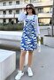 Women's Blue Patterned, Wide Pocket, Thick Strap, Gabardine Salopet Dress - 3