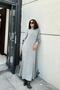 Women's Gray Turtleneck, Long Sleeve Cuff and Window Detail, A-Line, Loose, Long Dress - 5