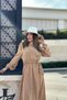 Women's Camel Double Breasted Collar, Slit, Belted Waist, Elastic Arm Ankles, Loose, Long Dress - 2