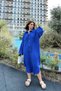 Women's Cobalt Blue Muslin Fabric, Bat Sleeve, Oval Skirt, Double Pocket, Long Oversize Loose Shirt Dress - 5