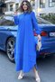 Women's Blue Judge Collar, Elastic Balloon Sleeves, Skirt and Sleeves Fold Fabric Stitched, Long Loose Dress - 6