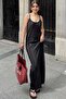 Women's Black Thin Strap, V-Neck, Split Detail, Long Pleated Dress - 4